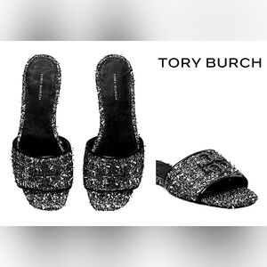 Tory Burch Eleanor Pavé Logo Slide Sandal in Silver Confetti/Perfect Black Sz 8